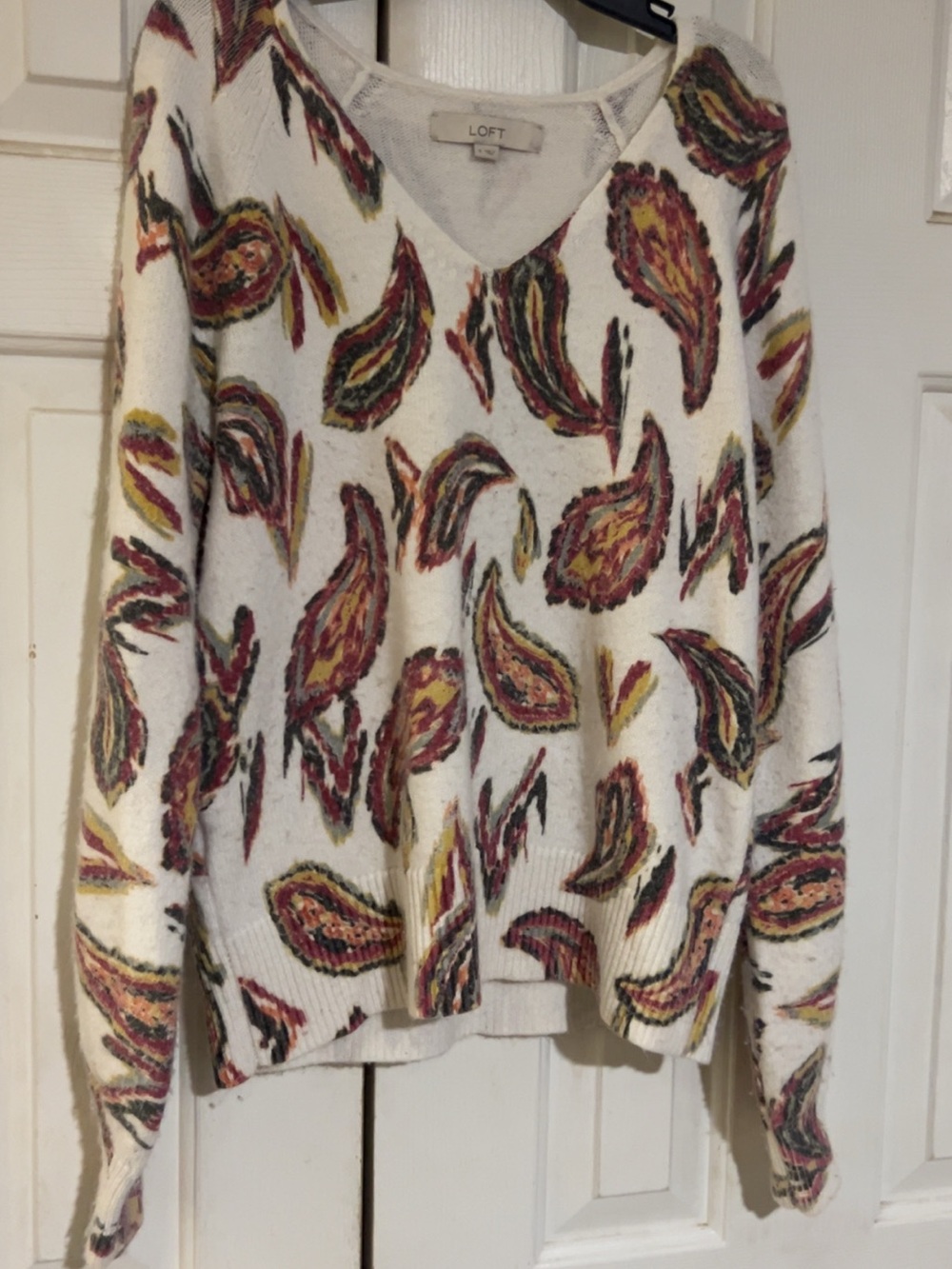 LOFT Cream V-Neck Sweater with Red, Gold and Green Paisley Motif